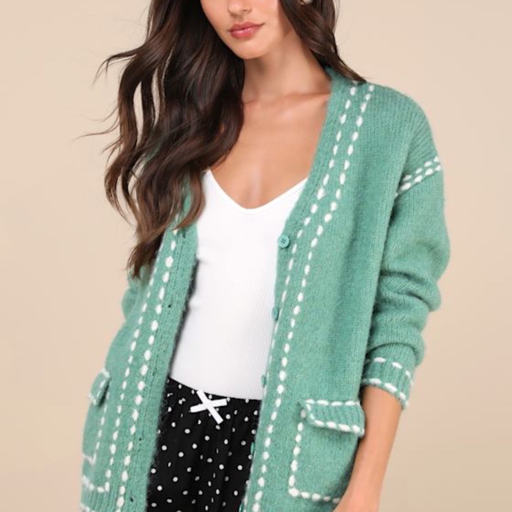 Lulus Cuddly Effect Green Contrast Stitched Cardigan Sweater - Size S
